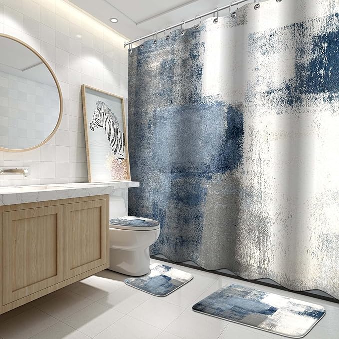Lnond 4Pcs Grey Bathroom Shower Curtain Sets with Rugs, Blue and Grey Abstract Painting Gray Retro Bathroom Sets with Shower Curtain and Rugs and Accessories