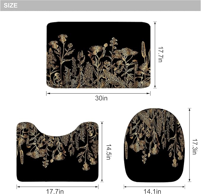 Riyidecor Vintage Black Gold Floral Wildflower 4Pcs Bathroom Shower Curtain Sets Botanical Leaves Bathroom Decor Set with Rugs and Accessories Rustic Toilet Lid Rug, Contour and Bath Mat with 12 Hooks