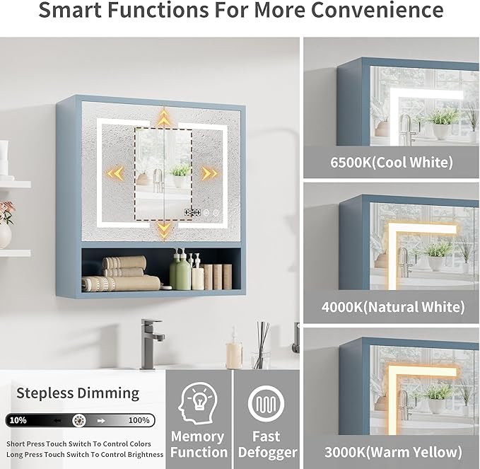 Bathroom Medicine Cabinet with Mirror, Lighted Storage Cabinet Wall Mounted with Doors & Adjustable Wood Shelf, Modern Bathroom Mirror with LED Lights Defogger for Makeup Laundry/Living Room, Grey