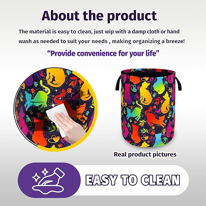 Cute Colorful Cat Laundry Basket Foldable Oxford Cloth With Handle Portable Neon Storage Basket Organizer Suitable For Laundry Room/Bedroom/Living Room/Children'S Room (18.9 X 16.5 Inch)