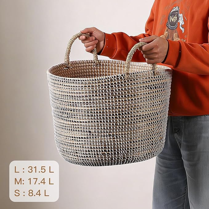 3-Piece Handwoven Seagrass Storage Basket Set with Handles, Large/Medium/Small Wicker Organizer for Laundry, Towels, Toys & Home Decor, Natural Brown
