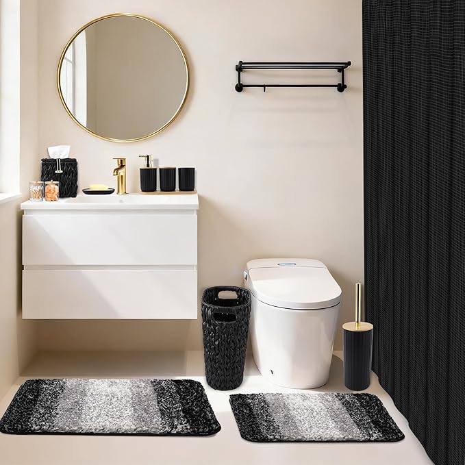 Bathroom Accessories Set, 25PCS Wicker Bathroom Accessory Set with Shower Curtain, Bath Mat, Soap Dispenser, Handwoven Trash Can & Ratten Tissue Box (Black, Bath Set+Shower Curtain+Rugs)
