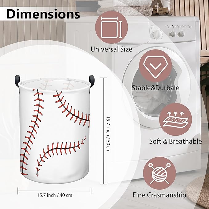 Baseball Laundry Basket, Collapsible Waterproof Oxford Cloth Laundry Hamper, Funny Round Kids Toys Storage Basket as Room Decor, Dirty Clothes Hamper for Bedroom Bathroom Dorm