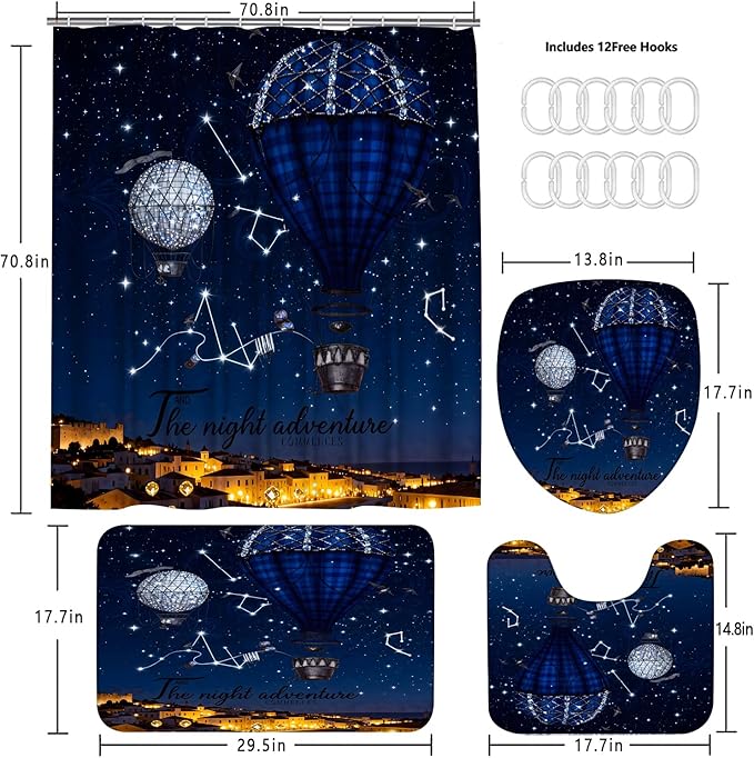 4 Piece Starry Night Shower Curtain Set with Rugs, Blue Hot Air Balloon Adventure Art Bathroom Decor, Waterproof Fabric Curtain with Non-Slip Bath Mats & Toilet Lid Cover, Romantic Night Sky Aesthetic