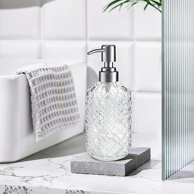 14 Oz Refillable Glass Soap Dispenser with Rust Proof Stainless Steel Pump, for Dispense Hand soap, Body wash, Lotion