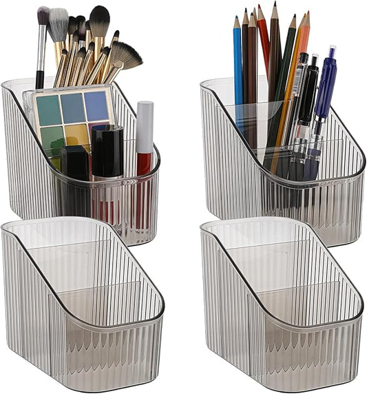 4 Pcs Vintage Striped Make Up Brush Holder, 3 Slot Makeup Brush Cup Large Capacity Makeup Brush Holder Cosmetic Display Case for Vanity Decor Perfume Hairbrush Desk Accessories, Gray