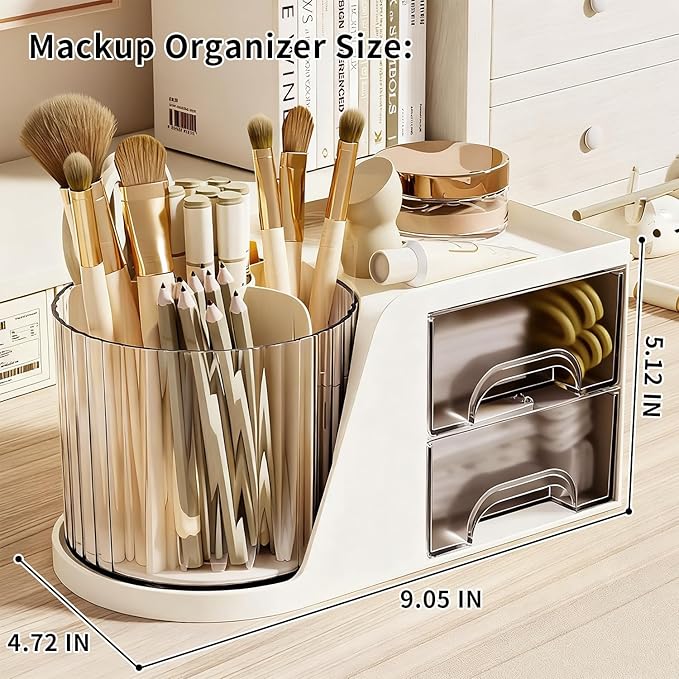 KHNR Makeup Organizer for Vanity, Vanity Organizer with 2 Drawers and Rotating Brush Holder, Bathroom Organizer Countertop, Cosmetic Organizer for,Lipsticks,Nail Polish (White)