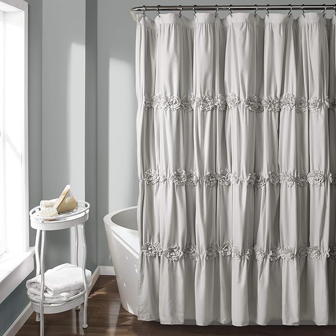 Lush Decor Darla Ruched Floral Bathroom Shower Curtain, 72” x 72”, Light Gray