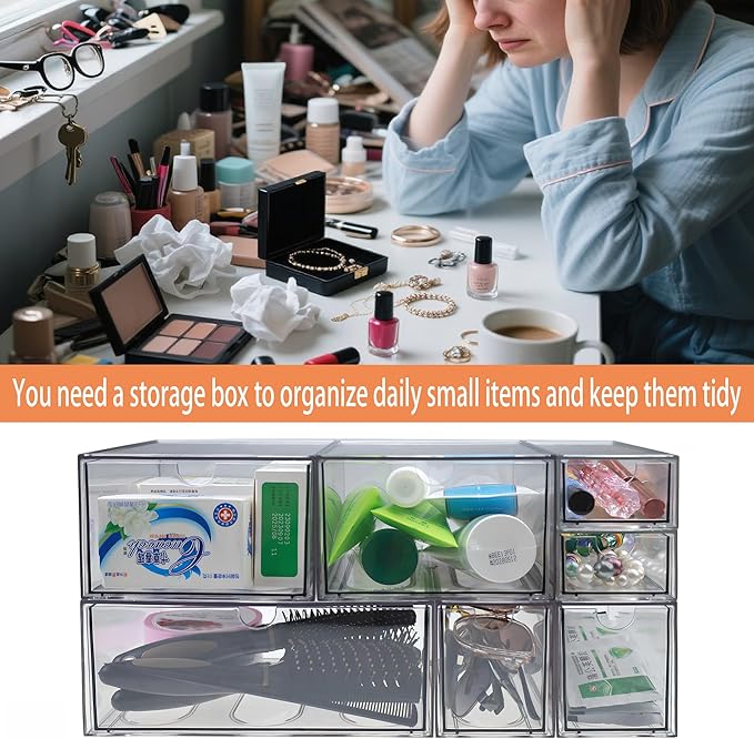 7 Pack Stackable Storage Drawers Acrylic Bathroom Makeup Organizer Clear Plastic Storage Bins for Makeup,Vanity,Pantry,Desk,Undersink,Kitchen