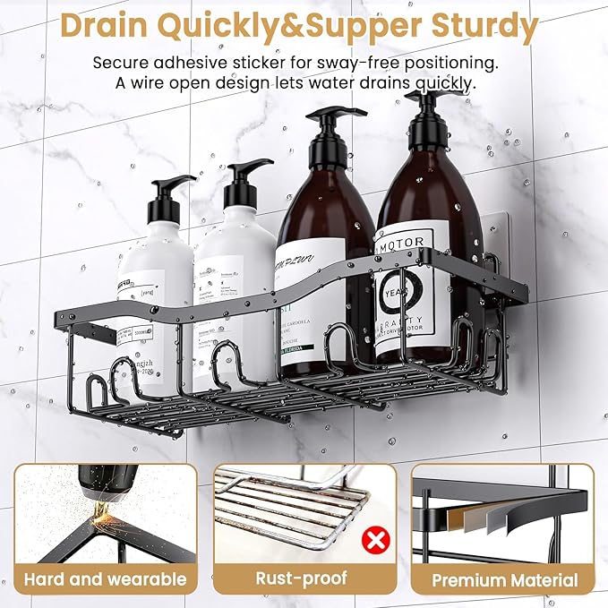 Rustproof Stainless Steel Shower Caddy 5 Pack, Bathroom Storage Accessory Shelf Organiser No Drilling Hanging, Soap Toothbrush Holder Set, Kitchen Wall Mounted Corner Decor, Matte Black