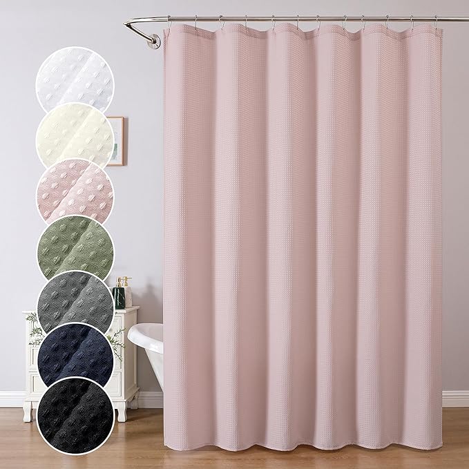 OWENIE Blush Shower Curtain 84 Inches Extra Long, Waffle Weave Heavy Fabric Shower Curtain for Bathroom, Waterproof Soft Hotel Spa Luxury Elegant Bath Curtains, Machine Washable, Blush, 72x84 Inch