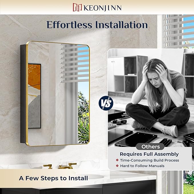 Keonjinn Gold Bathroom Medicine Cabinet with Mirror 16 x 24 Inch, Small Brushed Brass Medicine Cabinet, Stainless Steel Framed, Stepless Adjustable Shelves, DTC Hinges, Recessed or Surface Mount