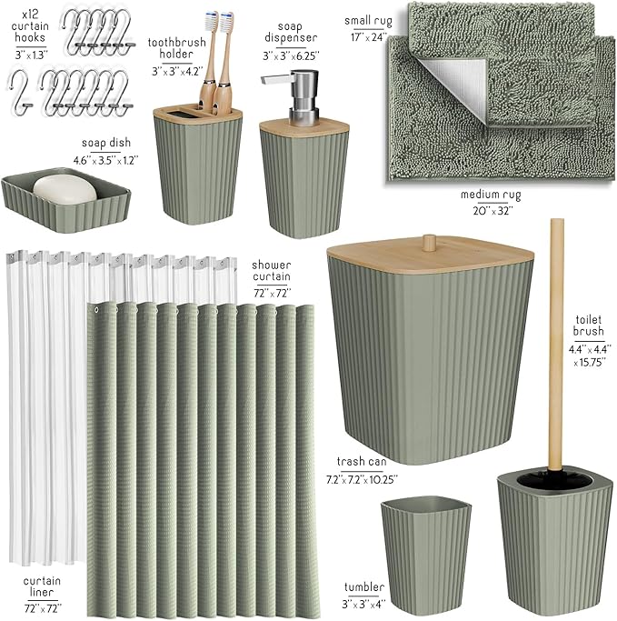 Clara Clark Bathroom Accessories Set - Bathroom Set, Bathroom Sets with Shower Curtain and Rugs, Shower Curtain Set with Trah Can - Light Sage Green - 22PC
