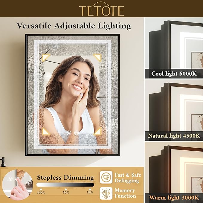 TETOTE 24 x 30 Black Led Lighted Medicine Cabinet Mirror with 3-Color Lights, Wall Mount or Recessed Cabinet Mirror for Bathroom with Storage, Tempered Glass, 2 Outlets, Anti-Fog, Adjustable Shelf