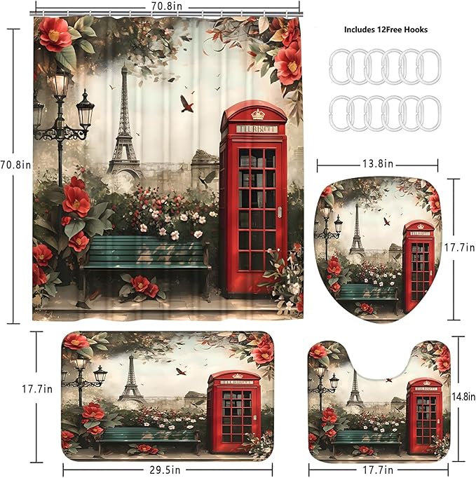 Chrainy 4Pcs Paris Eiffel Tower Shower Curtain Sets Telephone Booth Red Flowers Bathroom Set Decor with Non-Slip Rugs Bath U-Shaped Mat Toilet Lid Cover Floral Curtains Shower Set with 12 Hooks