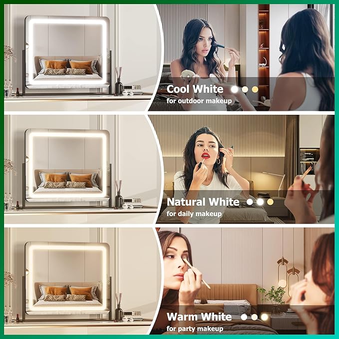 Hasipu Vanity Mirror with Lights, 24.2" x 20" LED Make up Mirror, Light up Mirror with 10X Magnification and USB Charging Port, Phone Holder, Smart Touch 3 Colors Dimmable, 360° Rotation (Black)