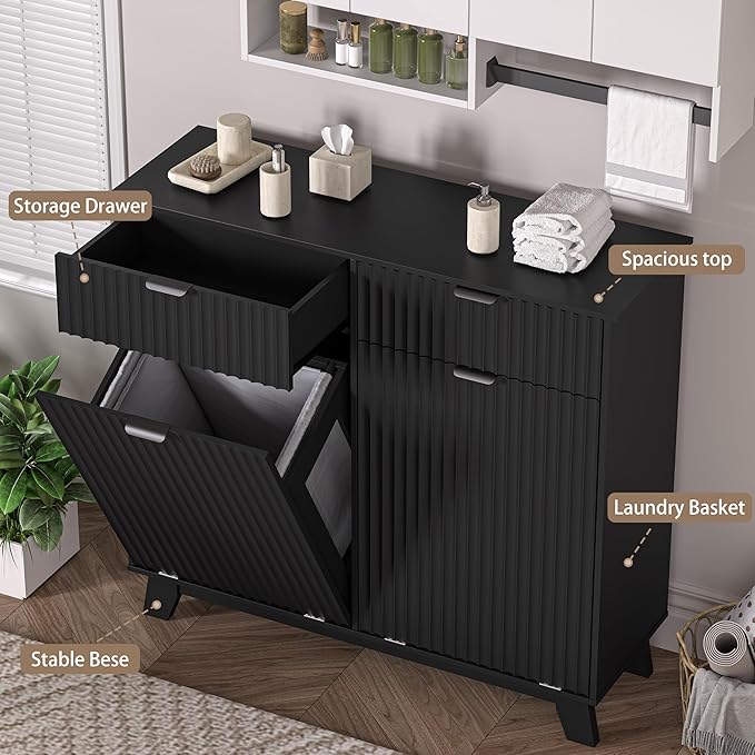 Wodeer Double Tilt Out Laundry Hamper Cabinet with 2 Drawers & Baskets, 20 Gallon Fluted Hidden Trash Can Cabinet, Farmhouse Wood Laundry Storage Cabinets for Bathroom, Kitchen, Black
