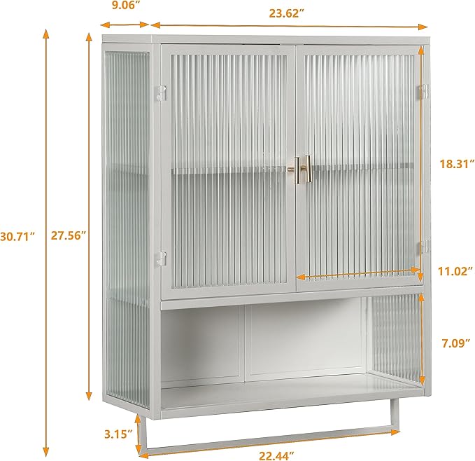 23.62"Glass Doors Modern Two-door Wall Cabinet with Two-tier Enclosed Storage, an Open Shelf, and Towel Rack, for Entryway Living Room Bathroom Dining Room Bathroom Cabinet Kitchen (White4)