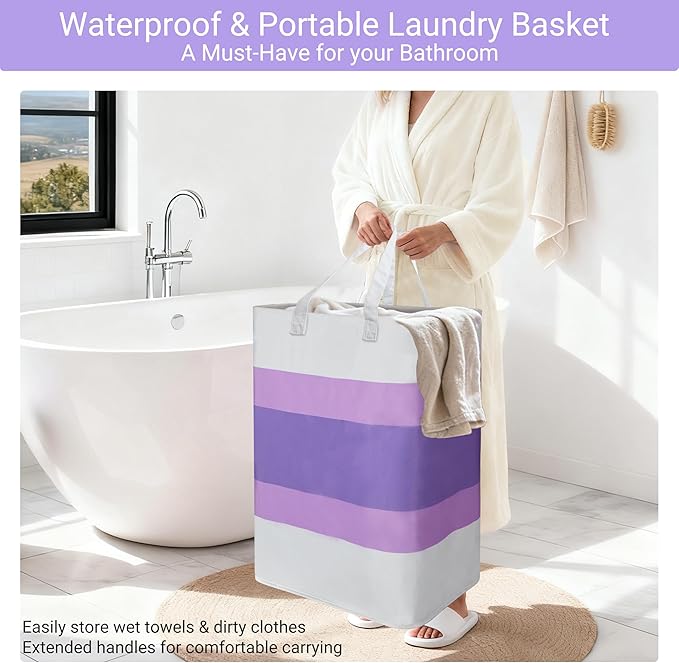 Stylish Freestanding Laundry Hamper with Waterproof Liner,72L Foldable Laundry Basket with Portable Handles Space-saving Storage Basket for Bedroom,Bathroom,Laundry Room,Easy Carry to Travel (Purple)