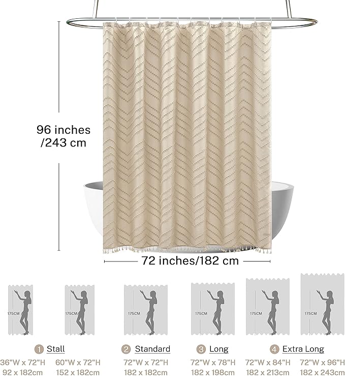 Extra Long Farmhouse Boho Chevron Shower Curtain, Woven Fabric 96 in Beige Shower Curtain, 72 x 96, Tufted Striped, Modern Chic Textured Shower Curtain Set Minimalist Bathroom Decor