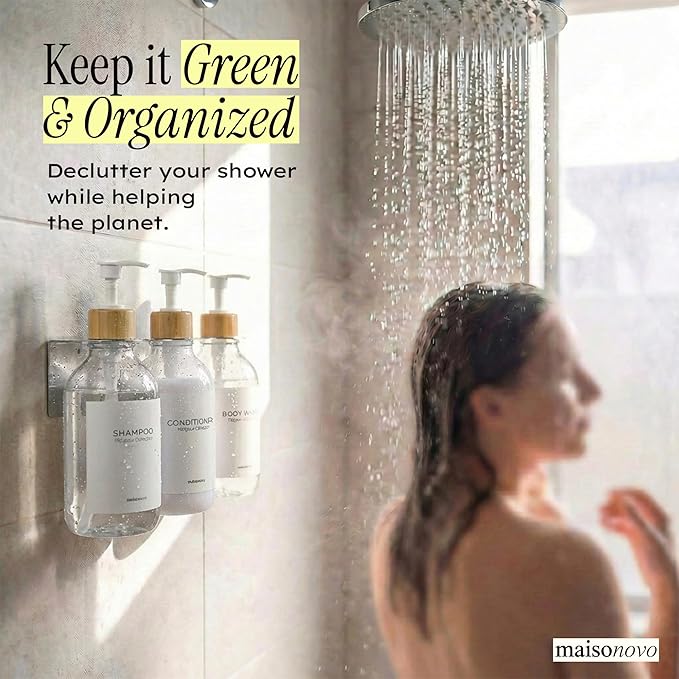 Shampoo and Conditioner Dispenser Wall Mounted Set of 3 Clear Bamboo - No Drill Shower Soap Dispenser for Bathroom Refillable - Spa Hotel Style Accessories by MaisoNovo