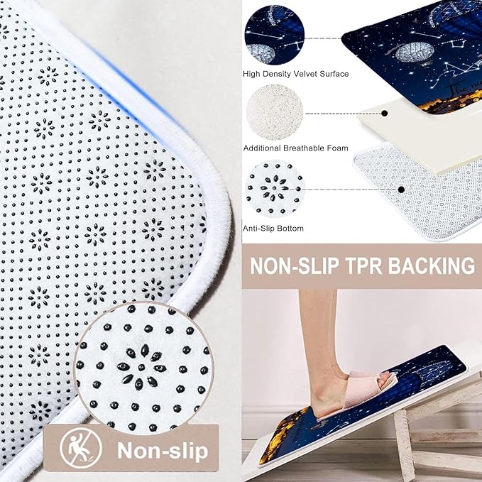 4 Piece Starry Night Shower Curtain Set with Rugs, Blue Hot Air Balloon Adventure Art Bathroom Decor, Waterproof Fabric Curtain with Non-Slip Bath Mats & Toilet Lid Cover, Romantic Night Sky Aesthetic