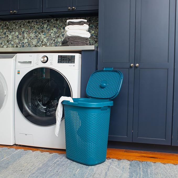Mind Reader 50L Slim Laundry Hamper, Clothes Basket, Lid, Wicker Design, Plastic, 17.65"L x 13.75"W x 21"H, Blue