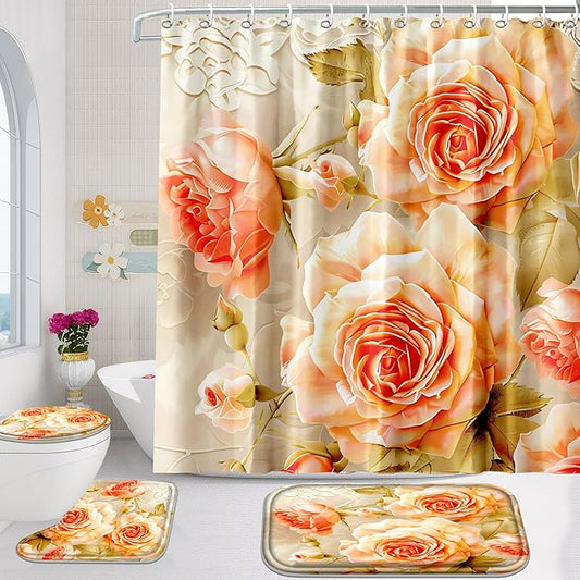 Poedist 4 Pcs Bathroom Shower Curtain Set,Rose Bathroom Set, Space Shower Curtain Sets with Rugs(Bath Mat,U Shape and Toilet Lid Cover Mat) and 12 Hooks