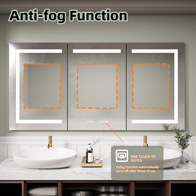 LED Medicine Cabinet Mirror, 60x30 Inch Bathroom Storage, Recessed/Wall Mount, Plug-in/Hardwired, 3 Color Dimmable Light, Anti-Fog, Time Temp Display