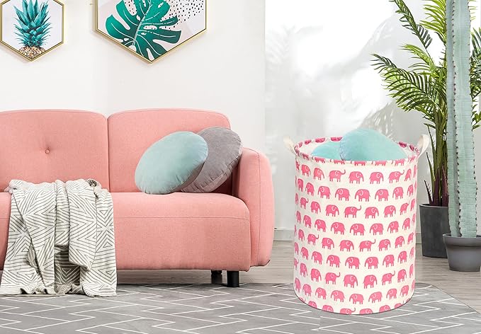 KUNRO Round Laundry Gift Basket Storage Hamper, Clothes Storage Organizer Bins, Shelf Basket with Handles for Room Decor (Pink Elephant)