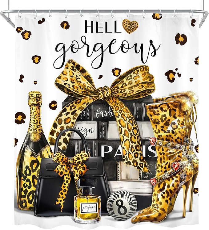 Cinbloo 4Pcs Gold Black Leopard Shower Curtain Set, Luxury Cheetah Bathroom Curtain with Rug, Toilet Lid Cover, Bath Mat, Fashion Magazine Books Perfume High Heels Girly Shower Curtain with 12 Hooks