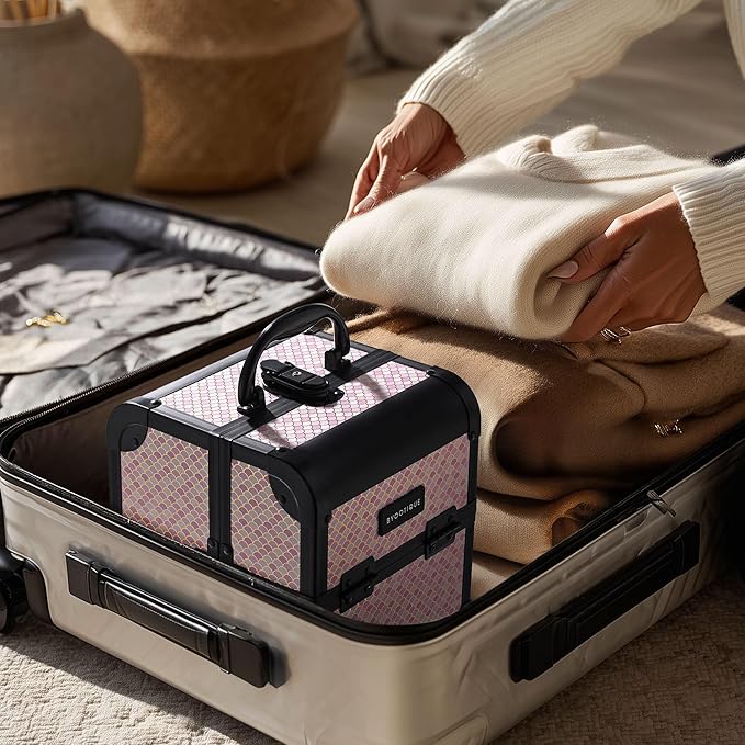 BYOOTIQUE Makeup Train Case with Mirror Travel Case for Barber Art Deco Bloom