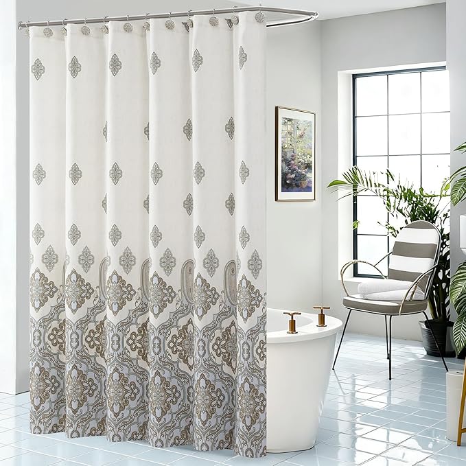 Beige Fabric Shower Curtain, Waterproof for Bathroom with Tan Printed Ombre Boho Paisley Damask Pattern, 72" W x 72" H