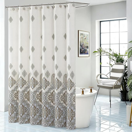 Beige Fabric Shower Curtain, Waterproof for Bathroom with Tan Printed Ombre Boho Paisley Damask Pattern, 72" W x 72" H