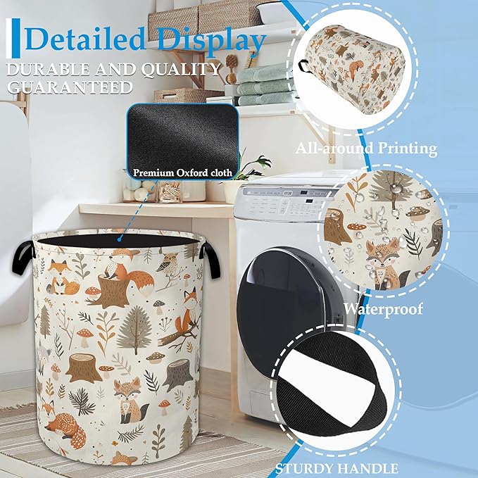 Woodland Fox Laundry Basket Collapsible Laundry Hamper, Oxford Cloth Storage Bin for Room/Bathroom/Bedroom/Dormitories 16" X 20.8"