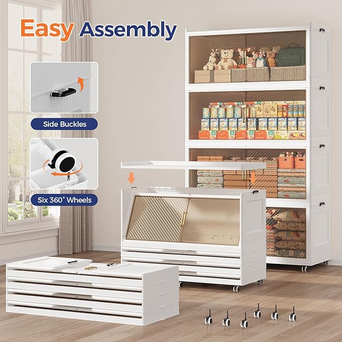 200Gal Extra Large Stackable Storage Bins with Lid, 800Qt Collapsible Storage Box with Wheels, Closet Organizers and Storage Cabinet Container for Home, Kitchen, Office, Bedroom, 4Pack White