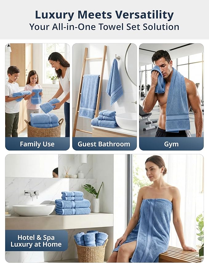 LANE LINEN Luxury Bath Towels Set - 6 Piece Set, 100% Cotton Bathroom Towel, Zero Twist, Quick Dry Shower Towels, Soft Absorbent Bath Towel, 2 Bath Towels, 2 Hand Towels, 2 Wash Cloths - Allure