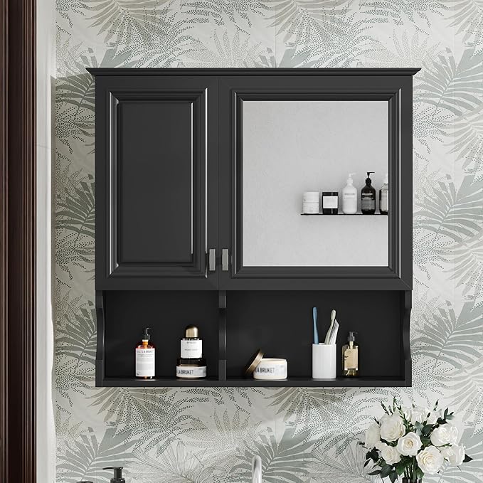 Merax Bathroom Wall Cabinet with Mirror, Wall Mounted Medicine Cabinet with Adjustable Shelves and Open Spaces, 30" x 28" Mirrored Door Over The Toilet Bathroom Storage Cabinet