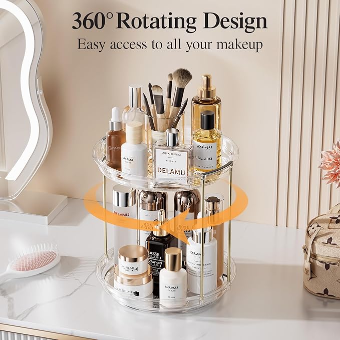 Delamu Rotating Makeup Organizer for Vanity, 2 Tier Skincare Organizer for Bathroom Counter, Spinning Perfume Organizer Cosmetic Holder with Large Capacity, Clear