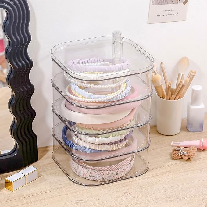 FABROK 3-Layer Hair Ties Organizer for Girls, Large Hair Accessories Storage Box for Clips, Scrunchies, Headbands, Rotating Bathroom and Vanity Container for Makeup Tools, Jewelry