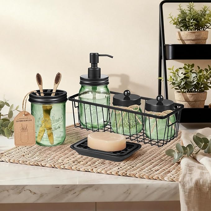 SheeChung Green Bathroom Accessories Set, 6Pcs Mason Jar Glass Bathroom Set, Lotion Soap Dispenser, Toothbrush Holder, Qtip Holder, Soap Dish, Metal Wire Basket, Rustic Farmhouse Bathroom Decor-Black