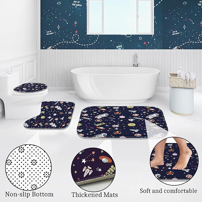 Poedist 4 Pcs Bathroom Shower Curtain Set,Kid's Bathroom Set, Space Shower Curtain Sets with Rugs(Bath Mat,U Shape and Toilet Lid Cover Mat) and 12 Hooks