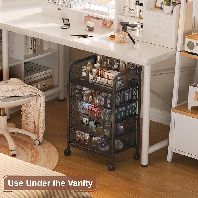 Makeup Cart Organizer with 4 Drawers, Vanity Storage Organizer, Large Floor Skincare Organizers Cosmetics Display Cases for Skin Care Perfume Nail Polish, Black