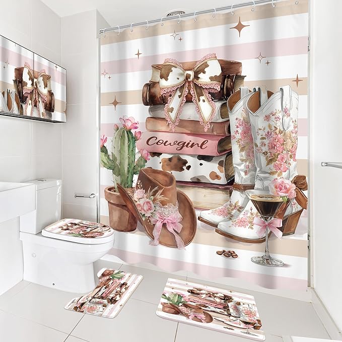 Cinbloo 4Pcs Brown Pink Shower Curtain Set,Western Cowgirl Fashion Boots Cactus Striped Hats Floral Books Bathroom Curtain with Rug, Toilet Lid Cover, Bath Mat,Women Girls Shower Curtain with 12 Hooks