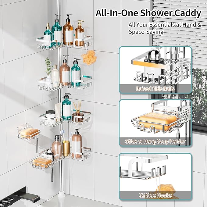 KEGII Shower Caddy Tension Pole – Corner Rustproof Bathroom Organizer with Soap Holder & Hooks, No-Drill Adjustable Shower Shelf for Renters for Families & Renters, 25-114.2 Inch, Silver