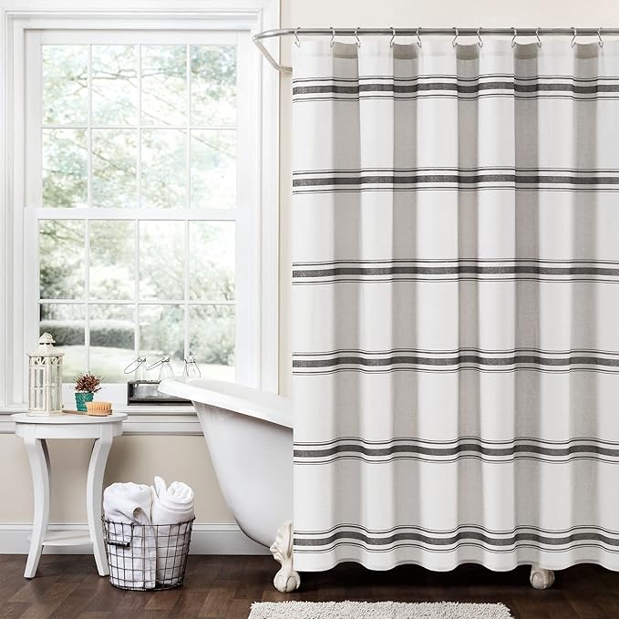 Lush Decor Farmhouse Stripe Cotton Shower Curtain, 72" W x 72" L, Black - Striped Bathroom Curtain - Fabric Shower Curtains - Farmhouse Bathroom Decor
