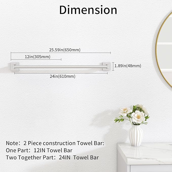 MKO Towel Bar for Bathroom, 24" Hand Towel Holder Rod with Metal, Towel Racks for Bathroom Hanger Wall Mounted for Kitchen, Brushed Nickel 2 Pack