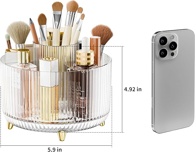 Clear Rotating Makeup Organizer Countertop for Vanity, 360?? Makeup Brush Holder Organizer with 5 Compartments, Transparent Cosmetic Storage for Lipstick, Skincare, Bathroom Counter(Transparent)