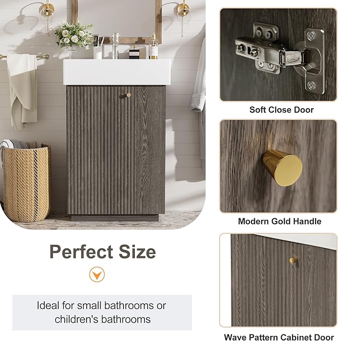 Virubi 21.6" Small Fluted Bathroom Vanity with Sink,Soft Closing Doors and Storage Shelves,Natural Wood Single Bathroom Sink Cabinet Combo Freestanding,Dark Grey