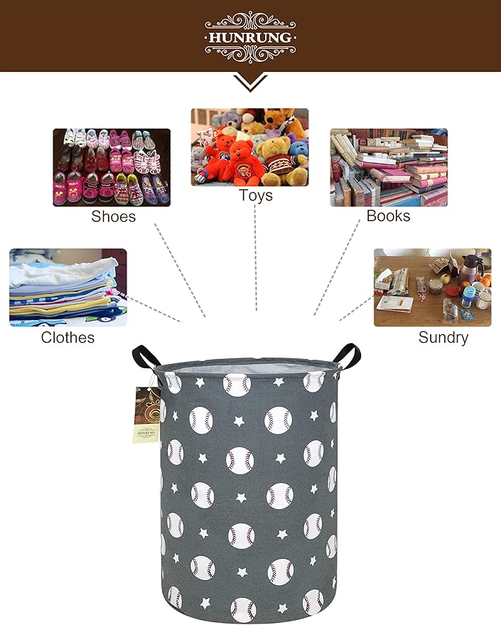 HUNRUNG Laundry Hamper,Large Canvas Fabric Lightweight Storage Basket Toy Organizer Dirty Clothes Collapsible Waterproof for College Dorms, Children Bedroom,Bathroom???Round-Grey Baseball???